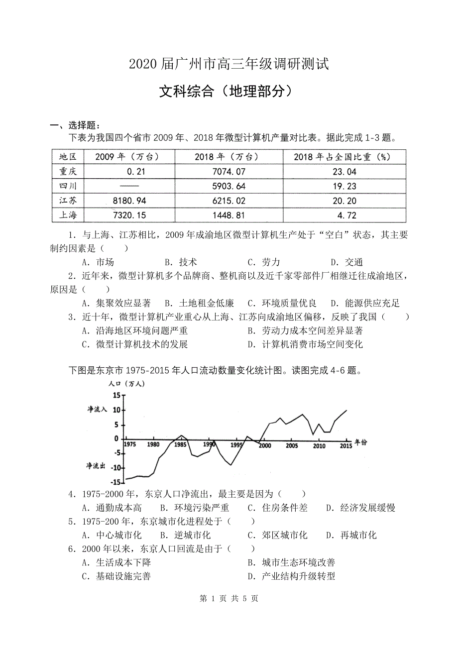 2020届广州市高三年级调研测试文科综合地理部分(含答案)_第1页