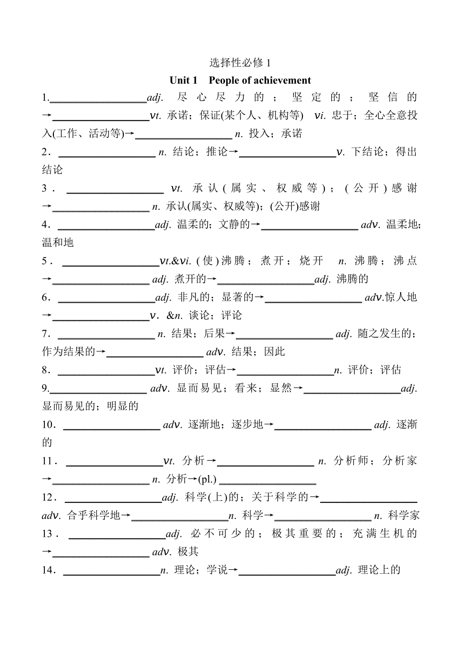 Unit1-Unit5 词汇变形 练习人教版高中英语选择性必修第一册.doc_第1页