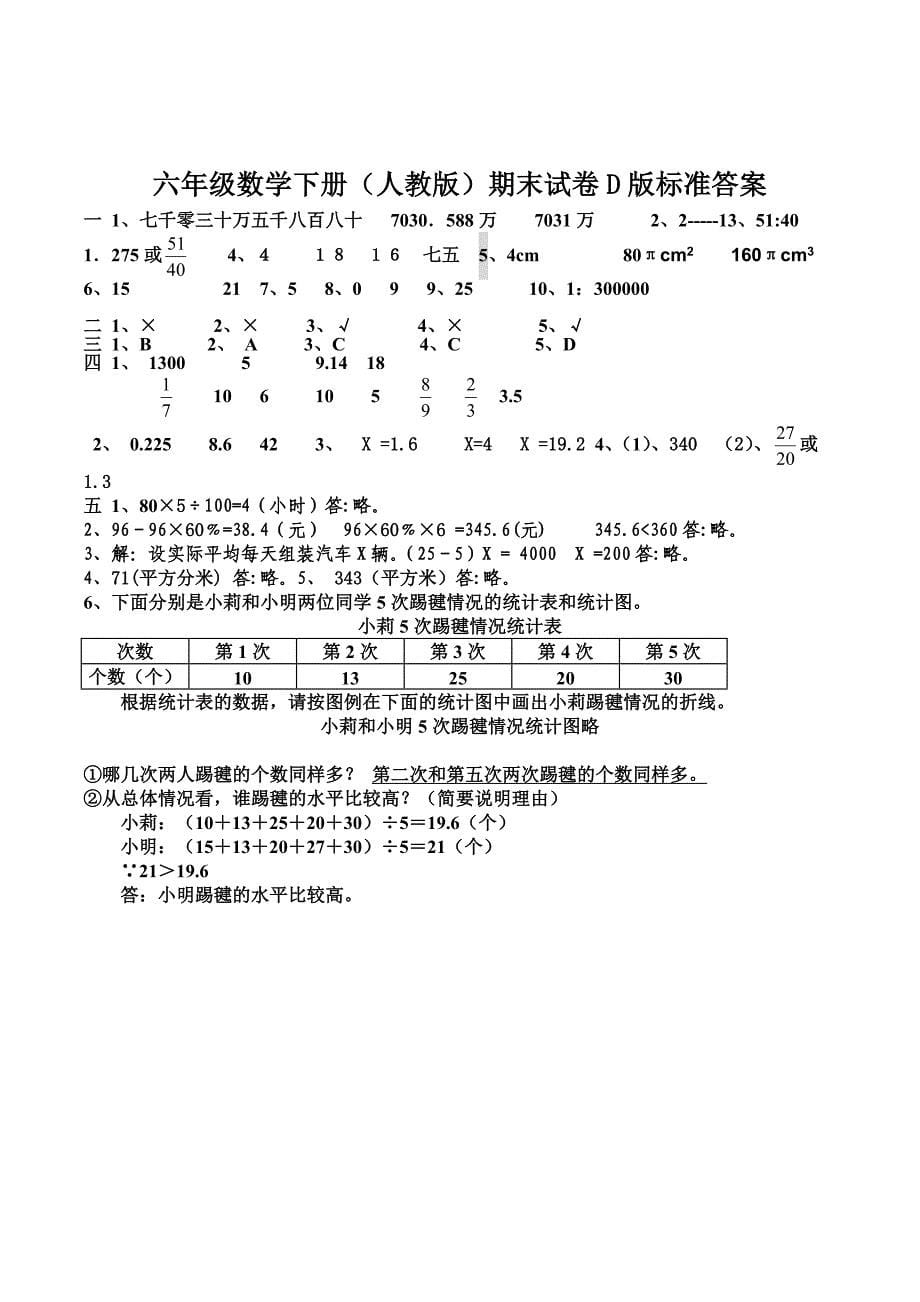 六年级数学下册人教版D版期末试卷_第5页