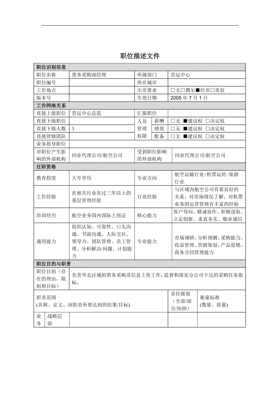 华北区票务采购部经理岗位说明书_第1页