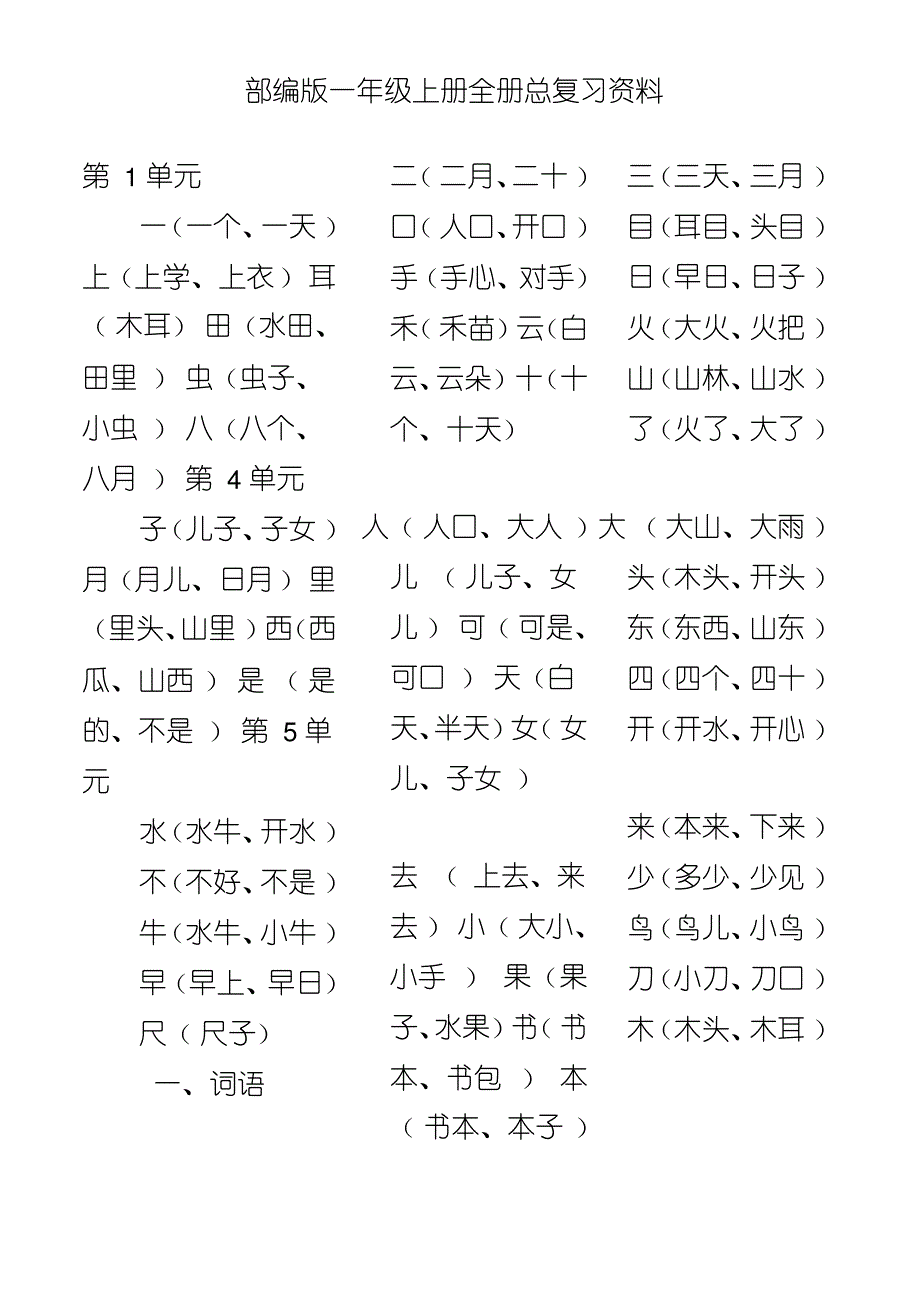 部编版一年级语文上册全册总复习资料_第1页