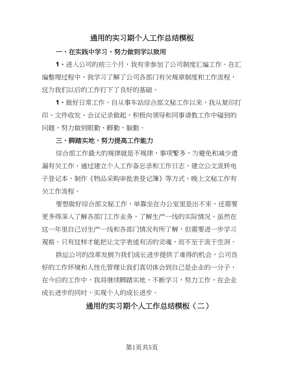 通用的实习期个人工作总结模板（二篇）.doc_第1页