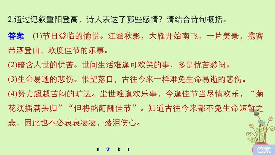 2018版高考语文二轮复习 考前三个月 第三章 群文阅读训练六&amp;ldquo;九日齐山登高&amp;rdquo;隐括诗词 古诗鉴赏课件_第4页