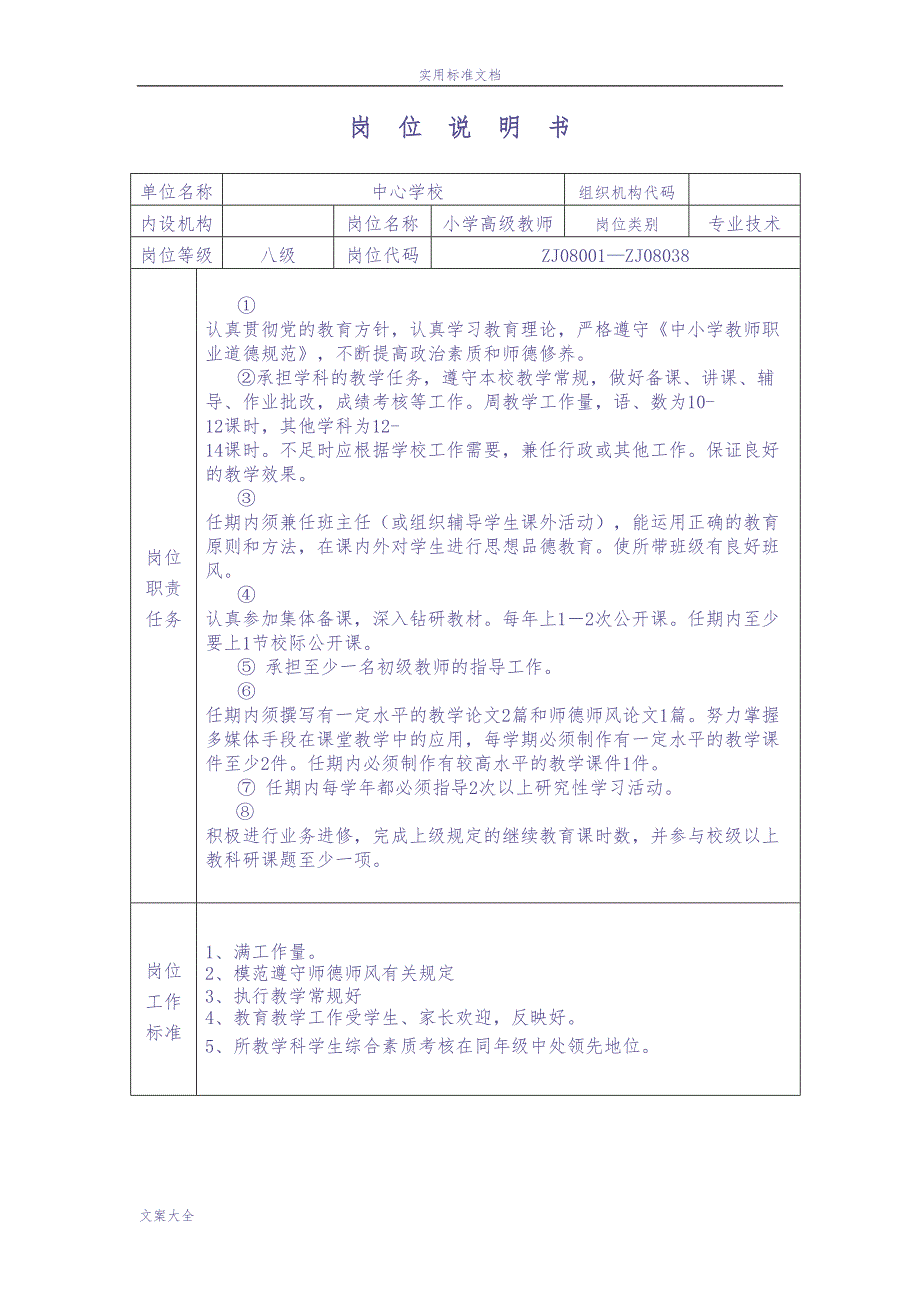 小学教师岗位说明书（天选打工人）.docx_第1页