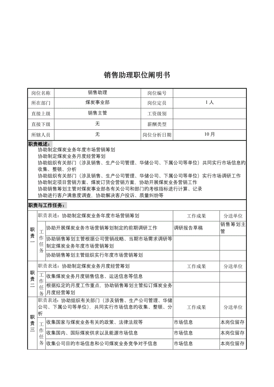 煤炭事业部销售助理岗位基本职责_第1页