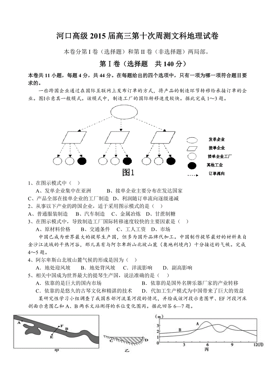 河口高级高三第十次周测文科地理试卷_第1页