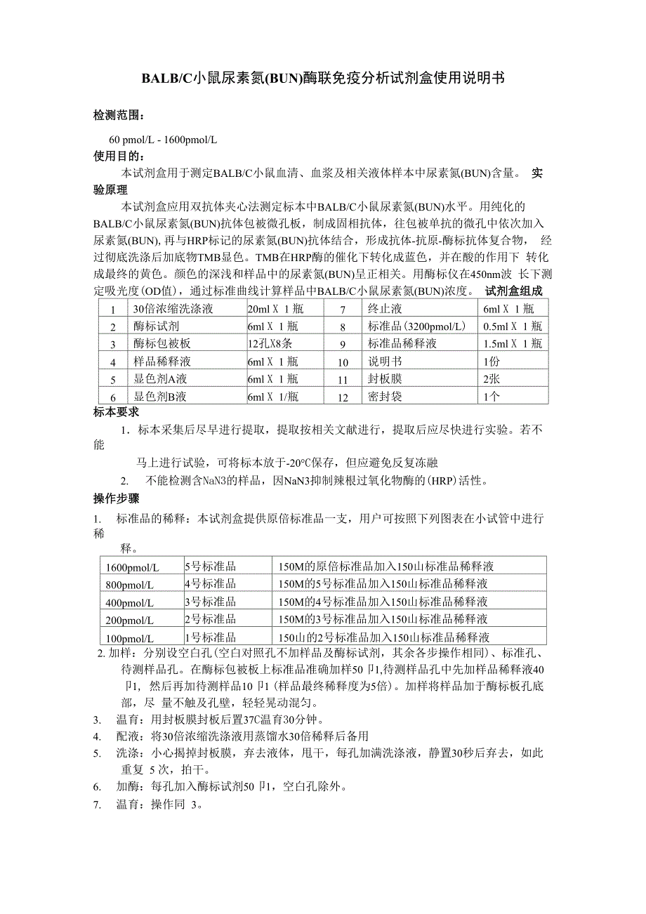 BALBC小鼠尿素氮酶联免疫分析试剂盒使用说明书_第1页