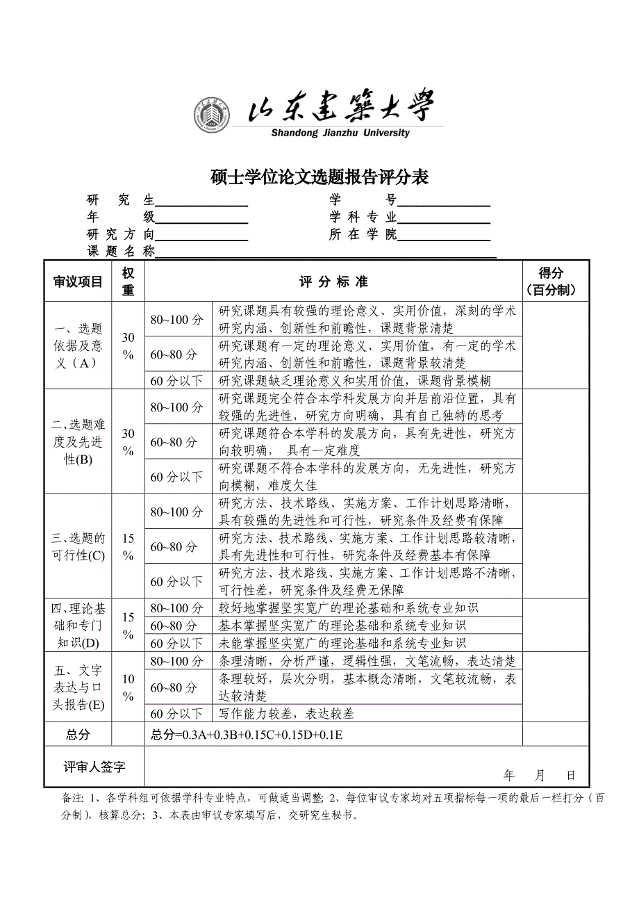 硕士学位论文选题报告评分表_第1页