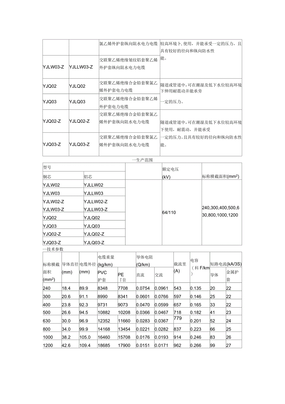 110kV交联聚乙烯电缆相关特性和技术参数_第2页