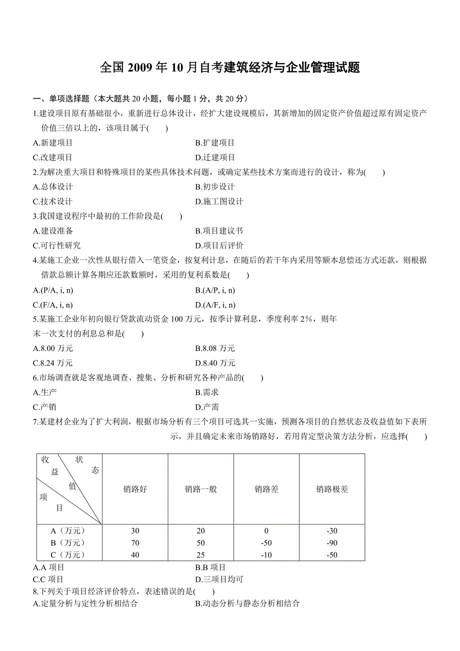 全国自考建筑经济与企业管理历年真题全套.doc_第1页