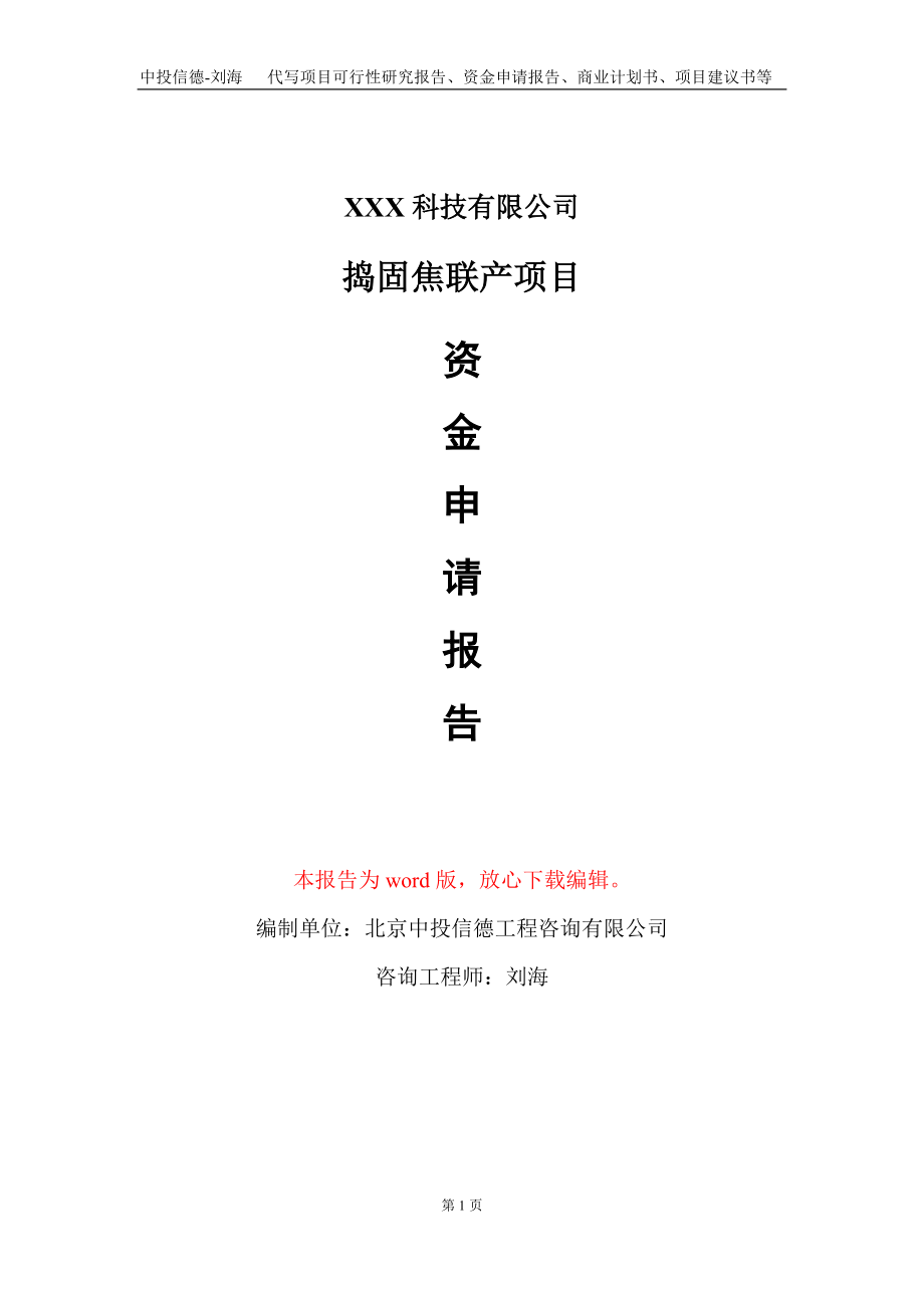 捣固焦联产项目资金申请报告写作模板_第1页