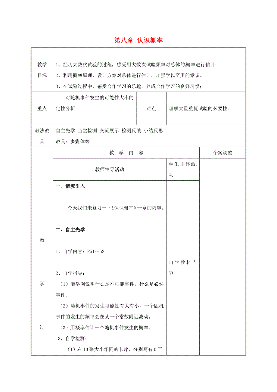 江苏省徐州市新沂市踢球山乡八年级数学下册 第八章 认识概率小结与思考教案 （新版）苏科版.doc_第1页