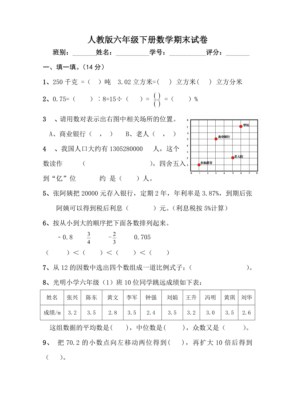 《小学六年级数学下册期末试题》_第1页