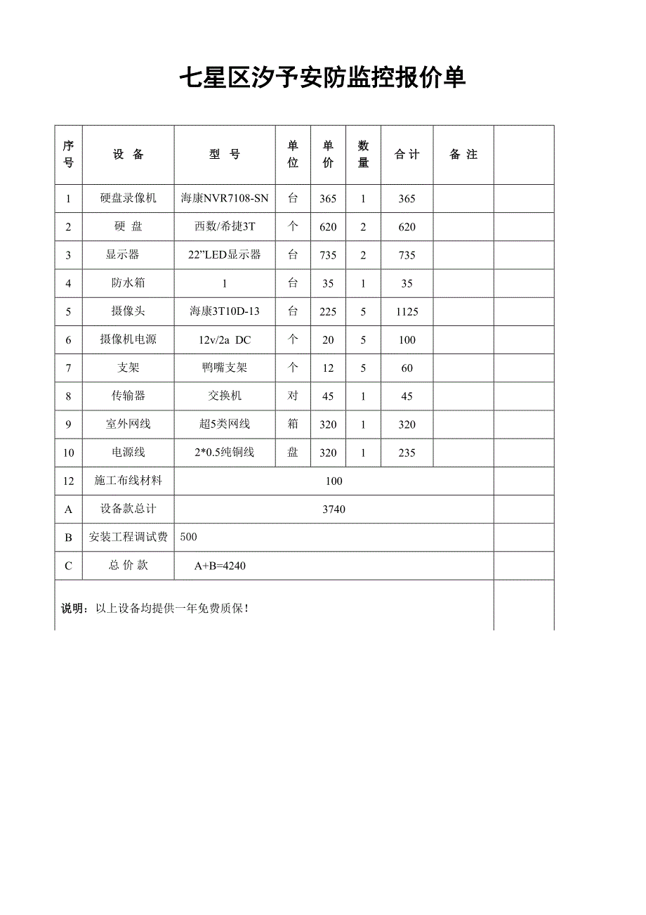 监控报价单模板_第1页