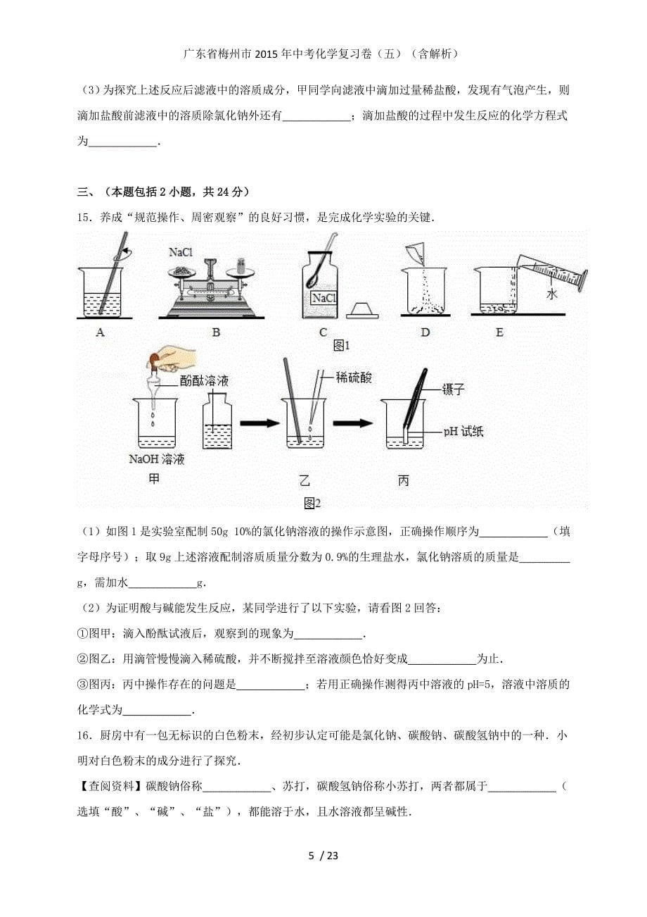 广东省梅州市中考化学复习卷（五）（含解析）_第5页