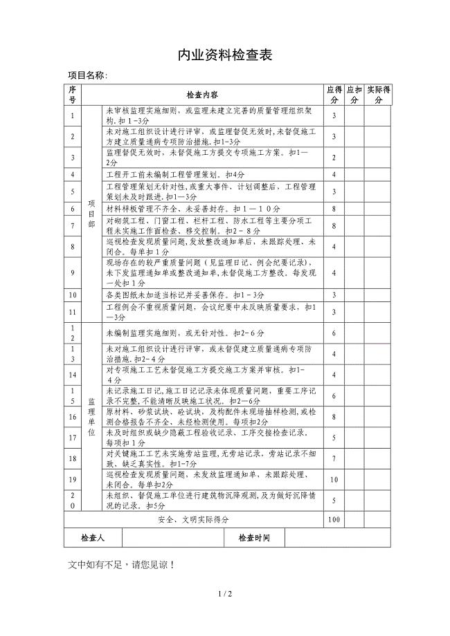 内业资料检查表