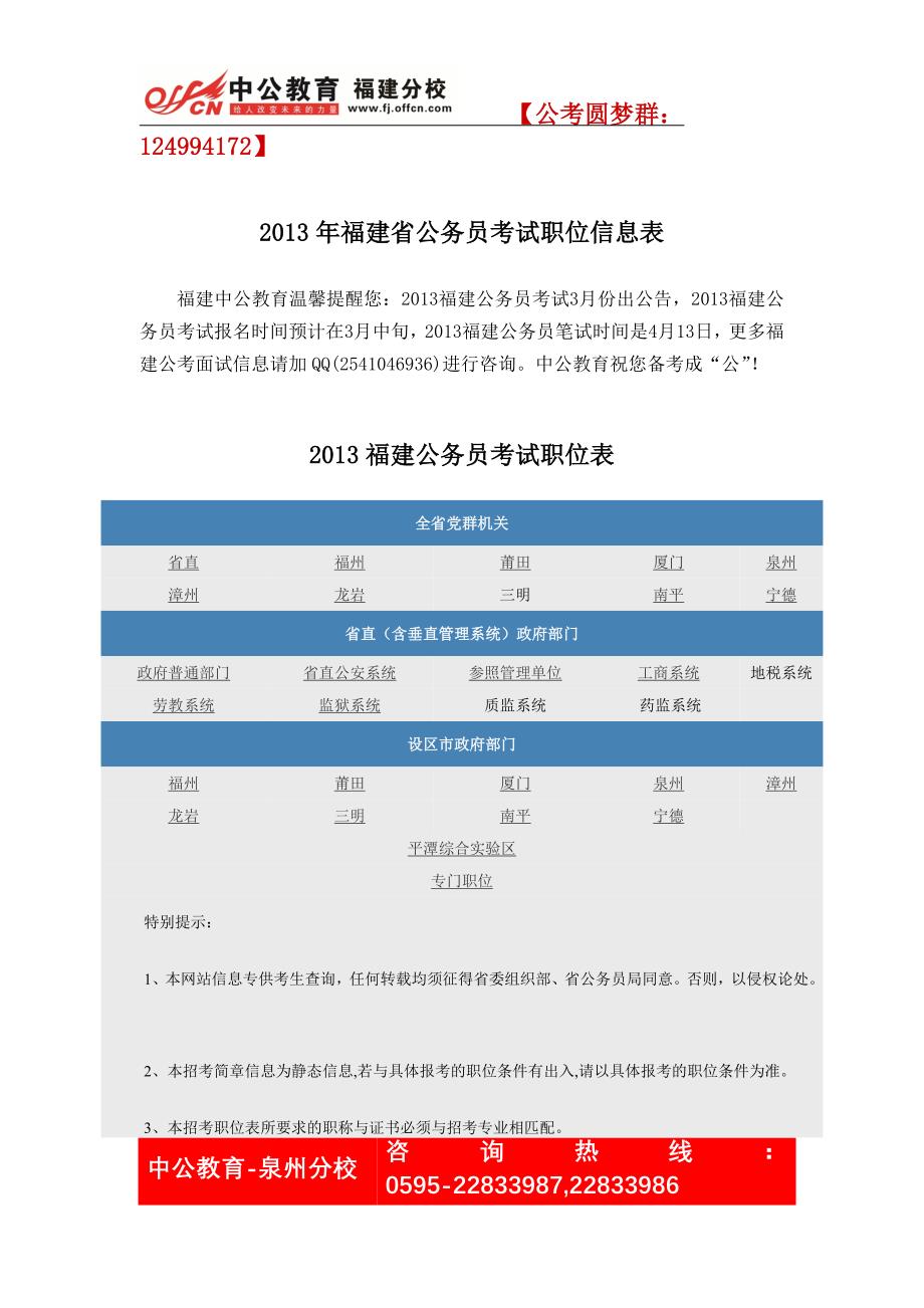 2013年福建省公务员考试职位信息表_第1页