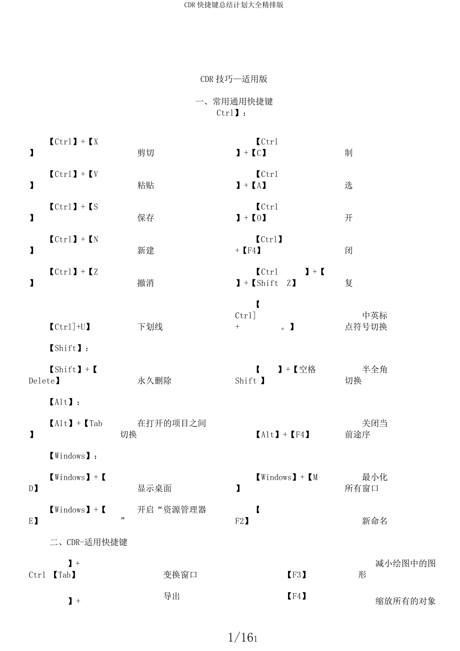 CDR快捷键总结计划大全精排版.docx_第1页