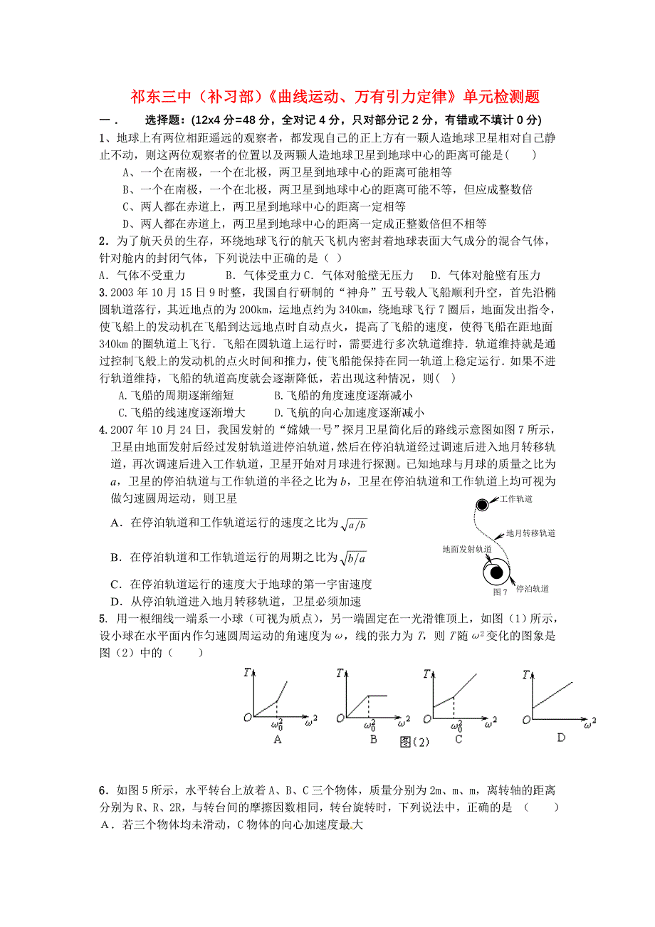 湖南省祁东三中（补习部）高三物理《曲线运动、万有引力定律》单元检测题_第1页