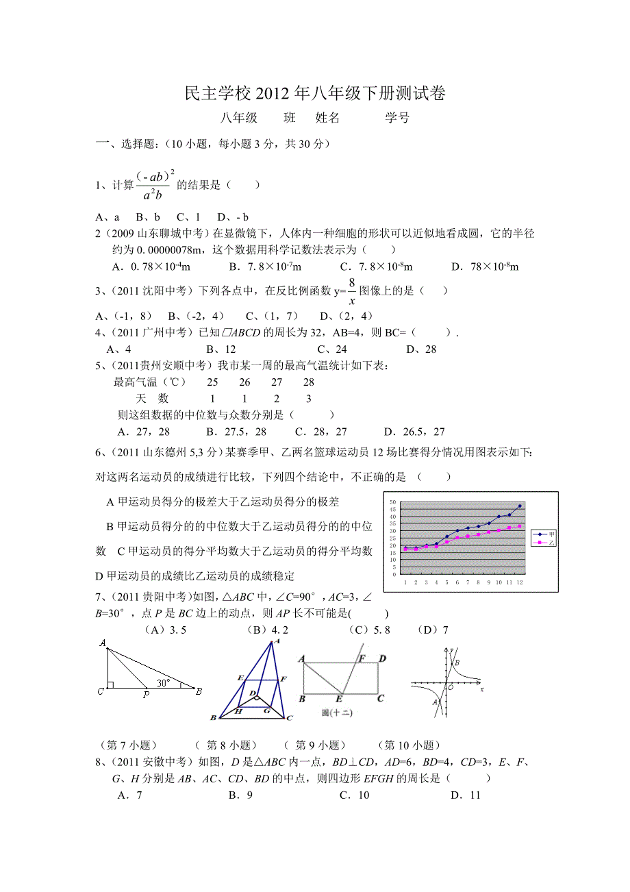 民主学校2012年八年级下册测试卷_第1页