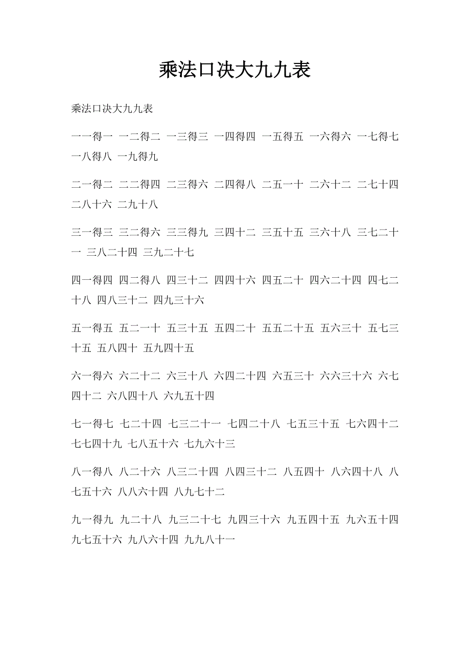 乘法口决大九九表_第1页