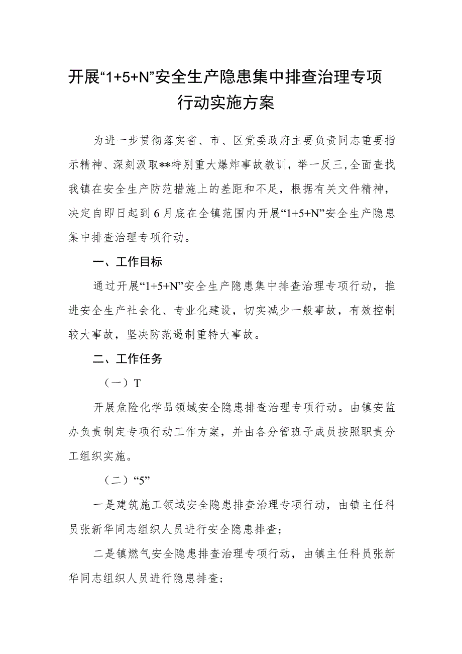 开展“1+5+N”安全生产隐患集中排查治理专项行动实施方案_第1页