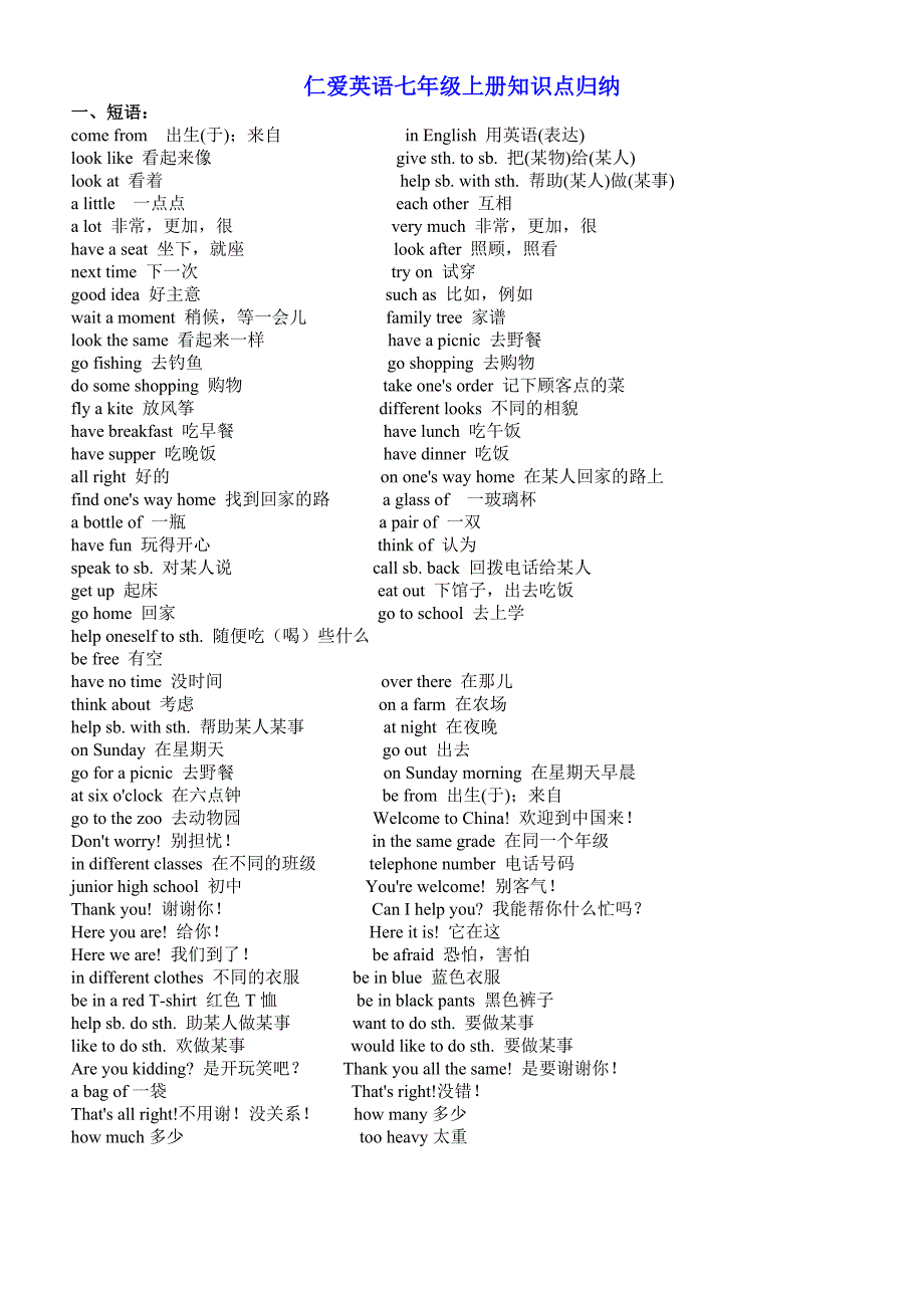 完整word版-2019精选教育仁爱英语七年级上册全册知识点归纳.doc_第1页