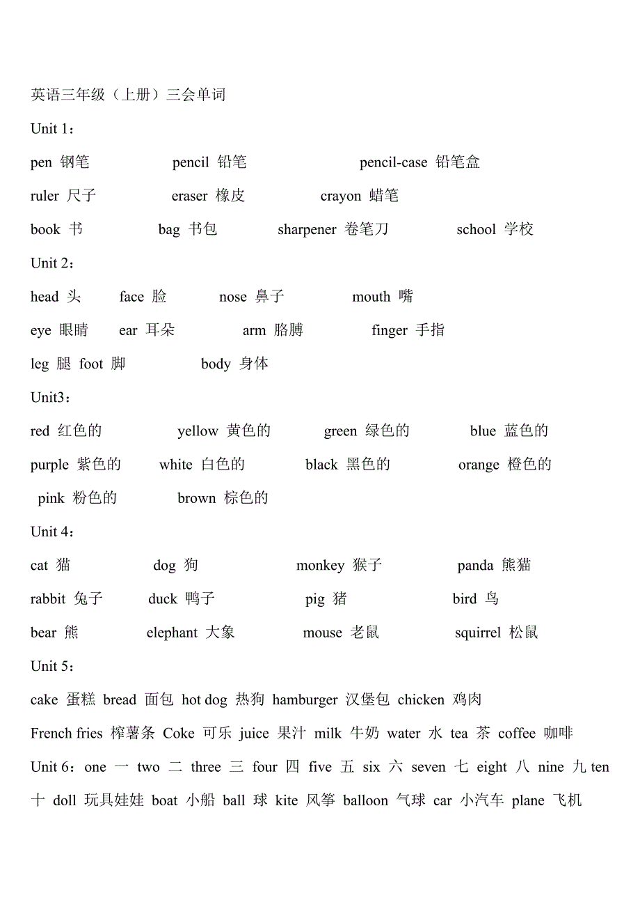 小学三年级至六年级英语单词表_第1页