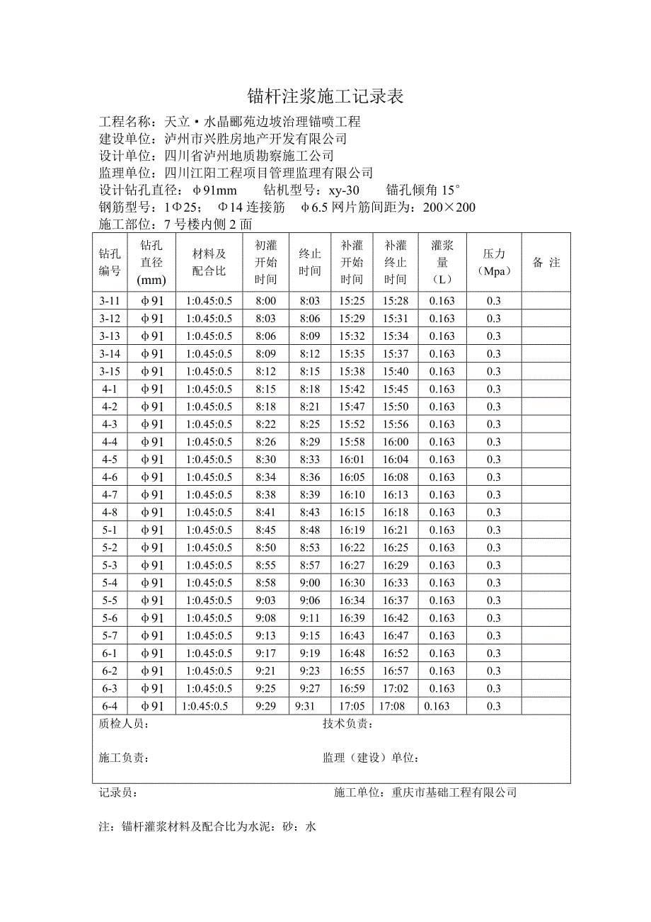 锚杆注浆施工记录表_第5页