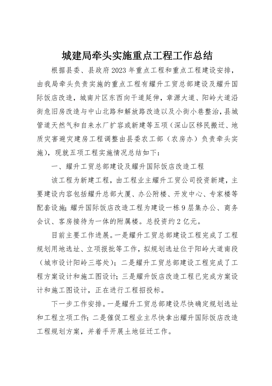 2023年城建局牵头实施重点项目工作总结.docx_第1页