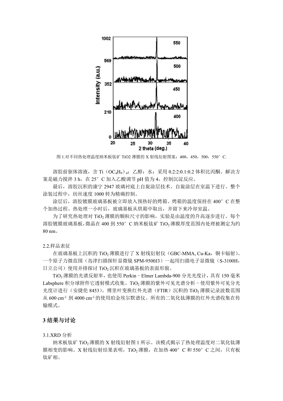 毕业论文——热处理对纳米板钛矿二氧化钛薄膜的溶胶-凝胶法生产粒度的影响_第2页