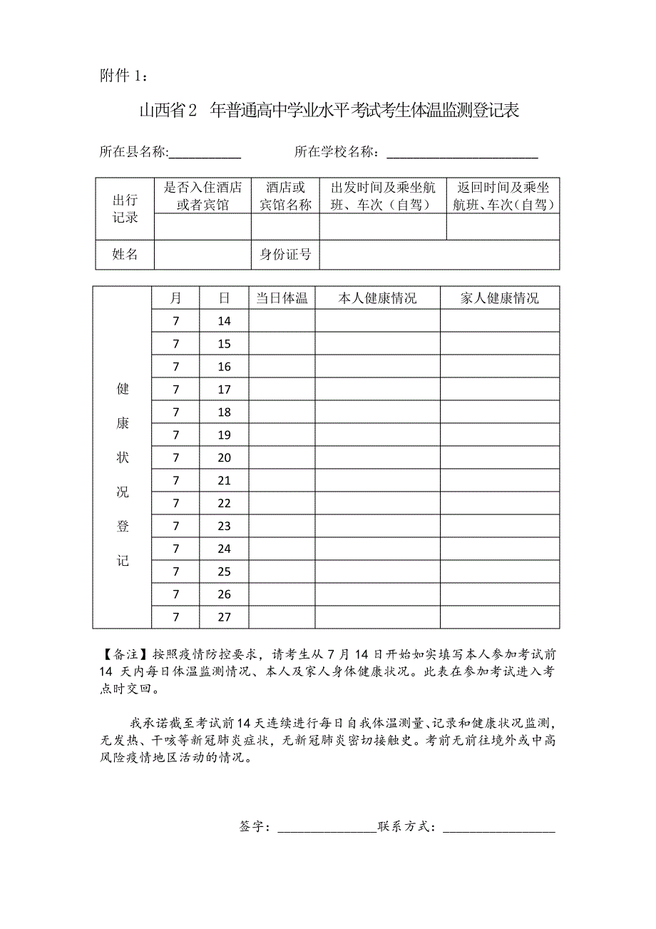 学业水平考试体温检测登记表完整优秀版_第1页