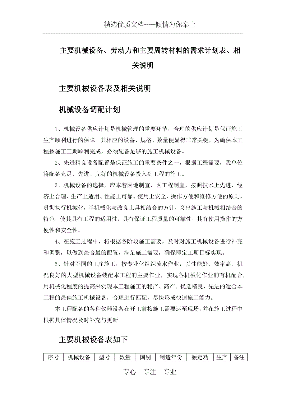 幕墙主要机械设备、劳动力和主要周转材料的需求计划表、相关说明_第1页