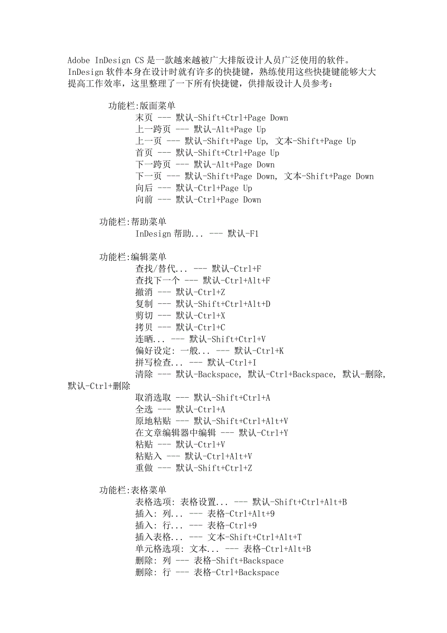 InDesign CS排版软件的快捷键集锦_第1页