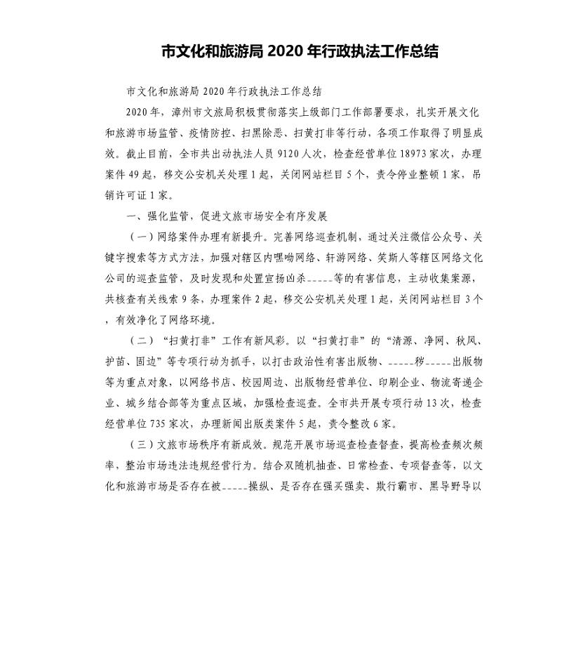 市文化和旅游局2020年行政执法工作总结