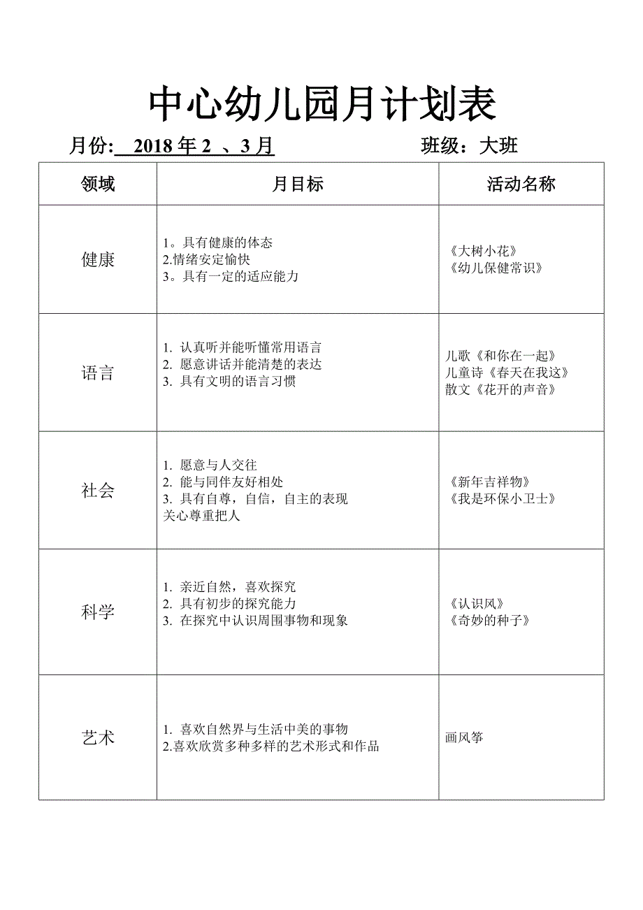 幼儿园月计划表大班(2)_第1页