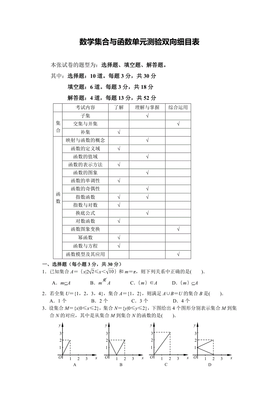 集合与函数单元测验双向细目表_第1页