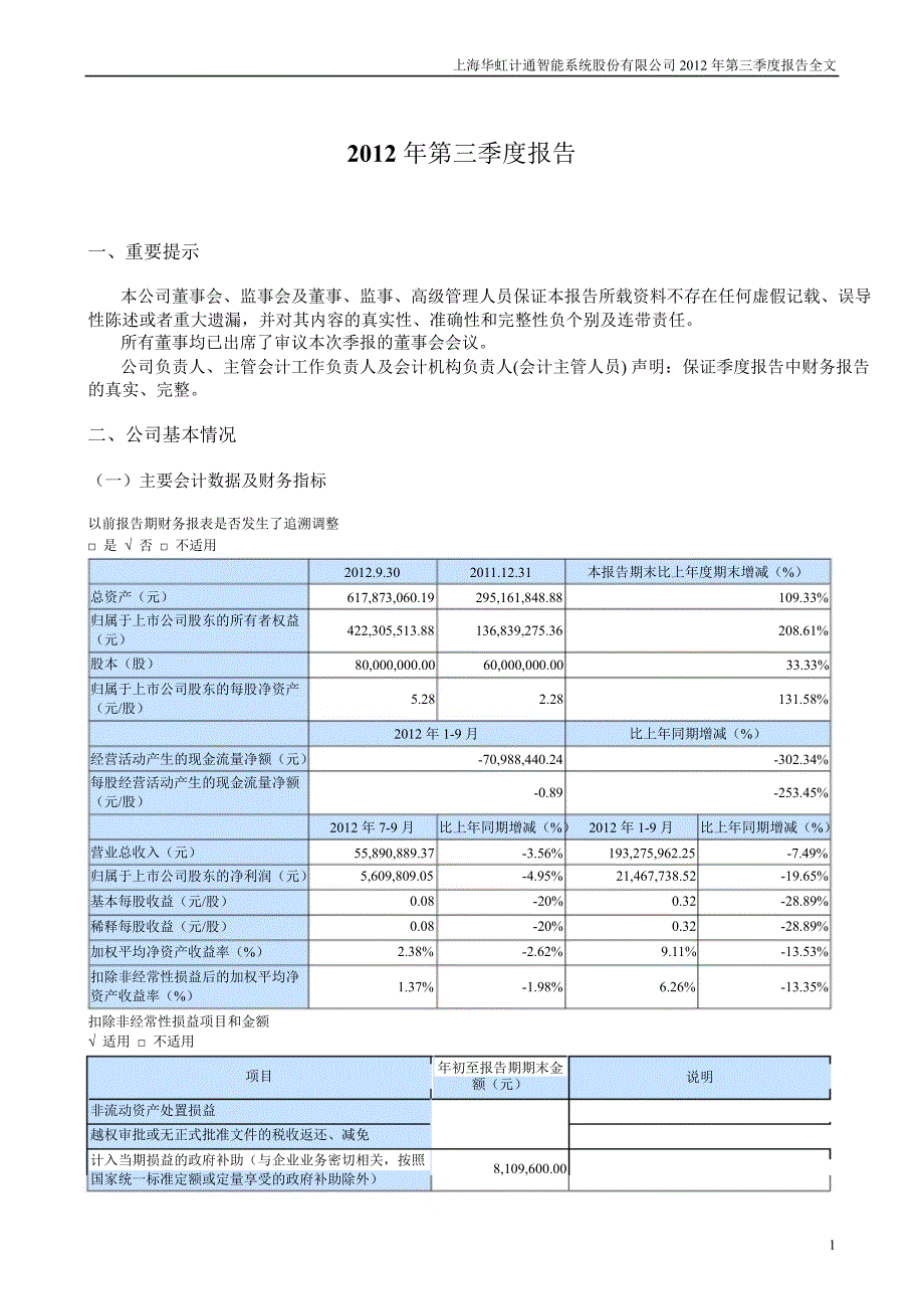 华虹计通：第三季度报告全文_第1页