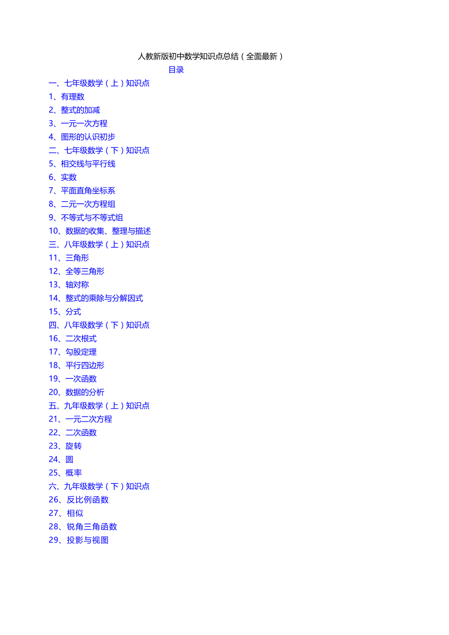 人教版初中数学知识点总结及每章重难点_第1页