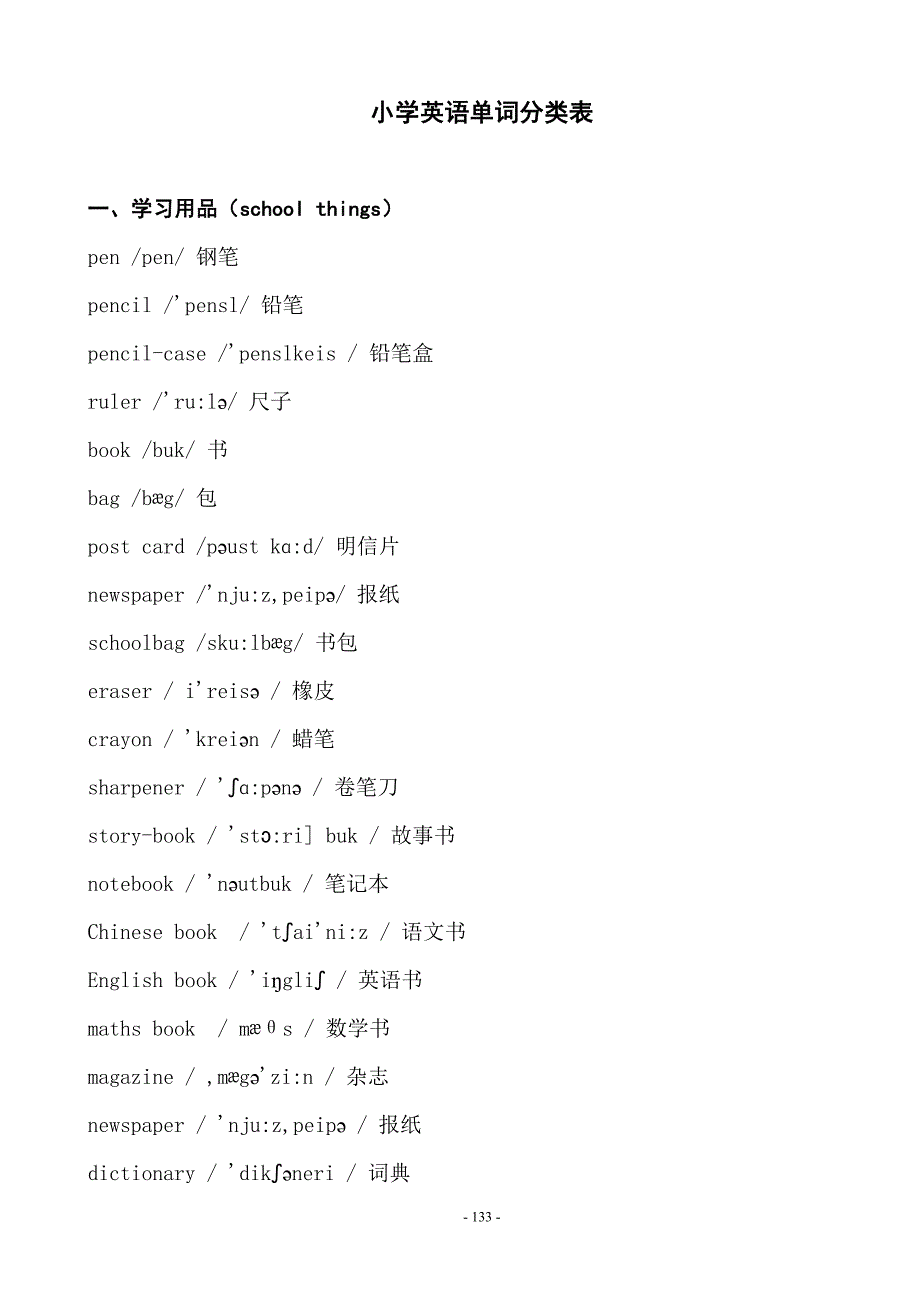 133-150小学英语单词分类表.doc_第1页