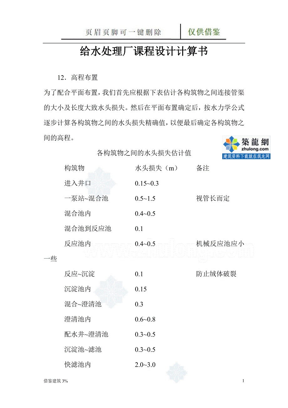 高程布置参考—给水处理厂课程设计计算书【优质二类】_第1页