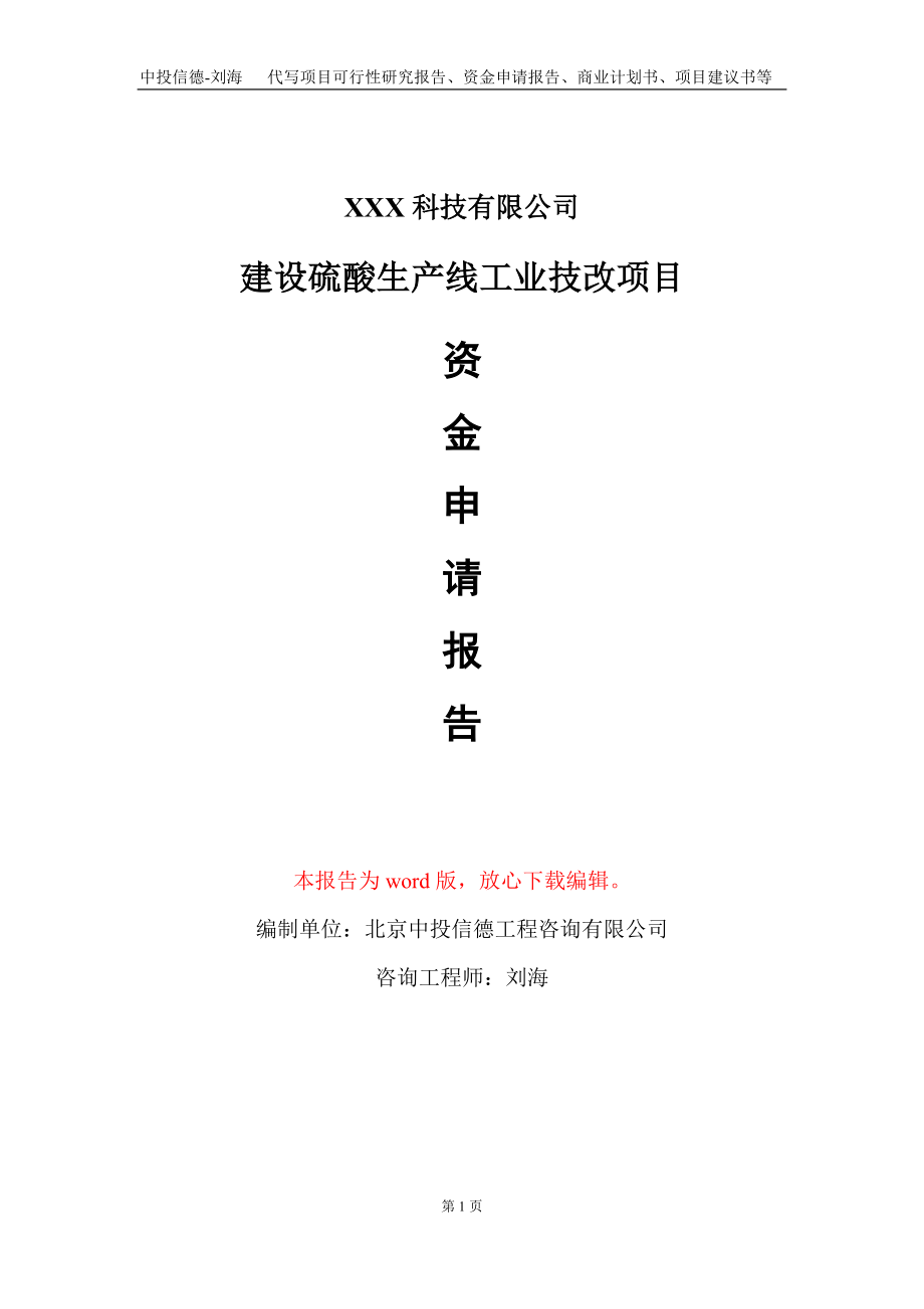 建设硫酸生产线工业技改项目资金申请报告写作模板_第1页