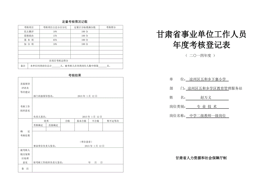 甘肃省事业单位工作人员年度考核登记表_第1页