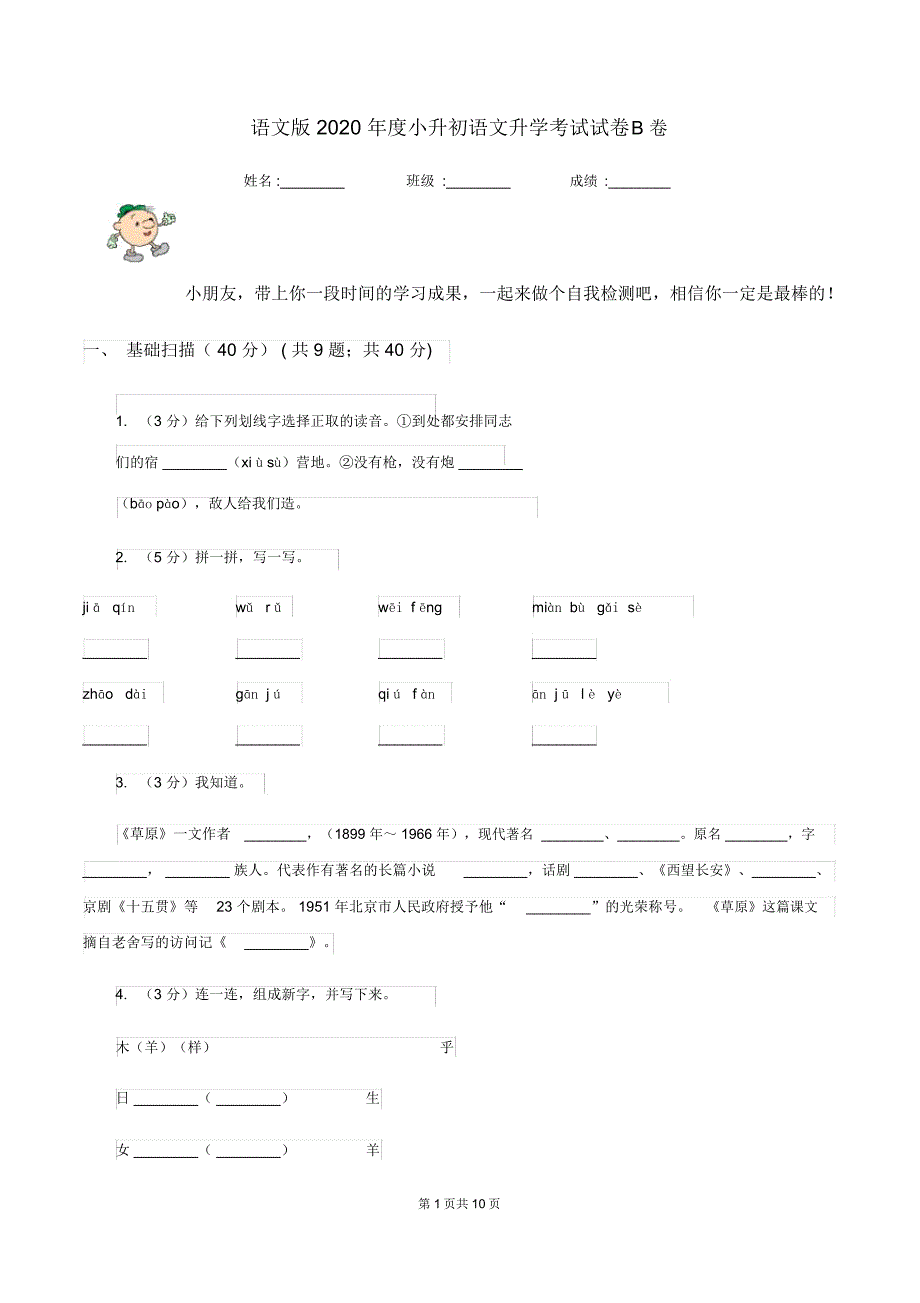 语文版2020年度小升初语文升学考试试卷B卷_第1页