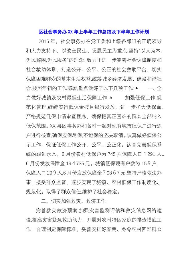 区社会事务办XX年上半年工作总结及下半年工作计划_1.docx