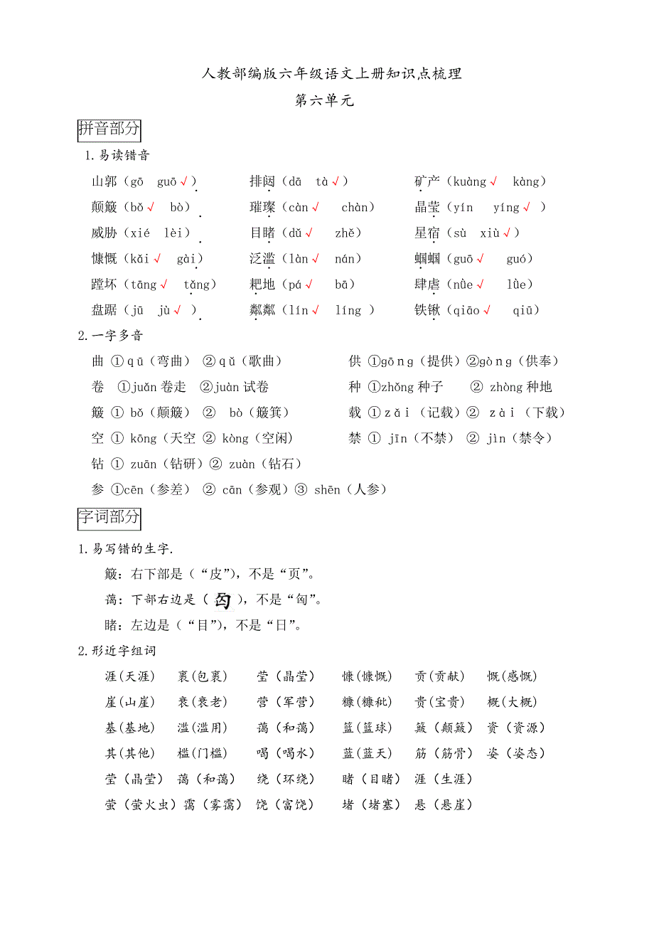 人教统编版六年级上册语文第六单元知识点归纳整理_第1页