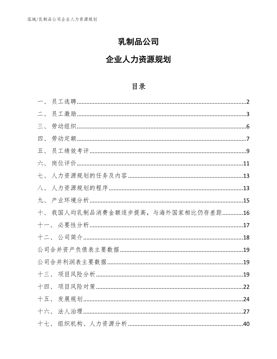 乳制品公司企业人力资源规划_第1页