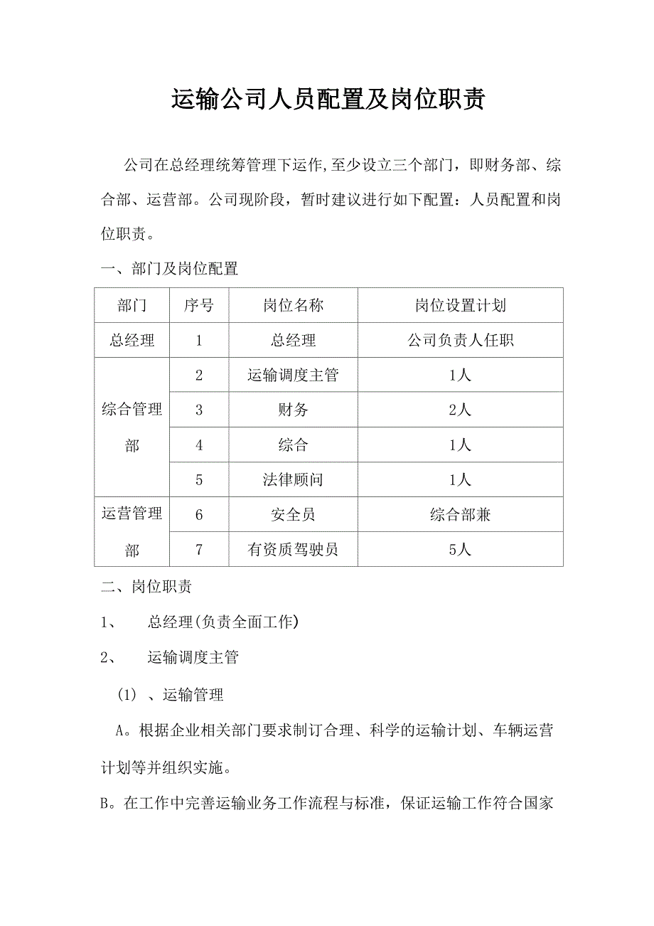 运输公司人员配置及岗位职责_第1页