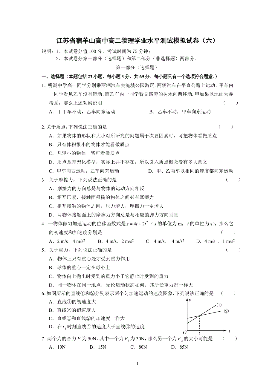 江苏省宿羊山高中高二物理学业水平测试模拟试卷(六).doc_第1页