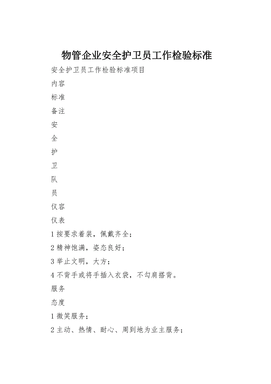 物管企业安全护卫员工作检验标准_第1页